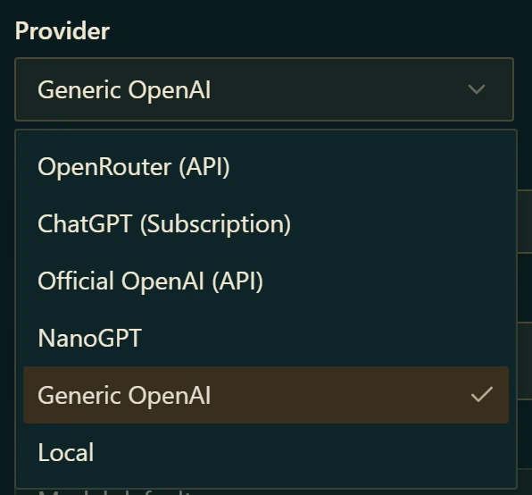 Narrator providers: OpenRouter, ChatGPT subscription, OpenAI, NanoGPT, any OpenAI-compatible API, or local.