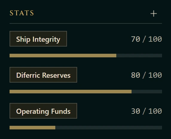 Game Master stats: Ship Integrity, Diferric Reserves, and Operating Funds.