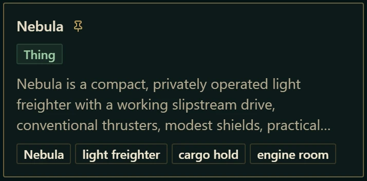 A story card for the ship Nebula, with its trigger words.